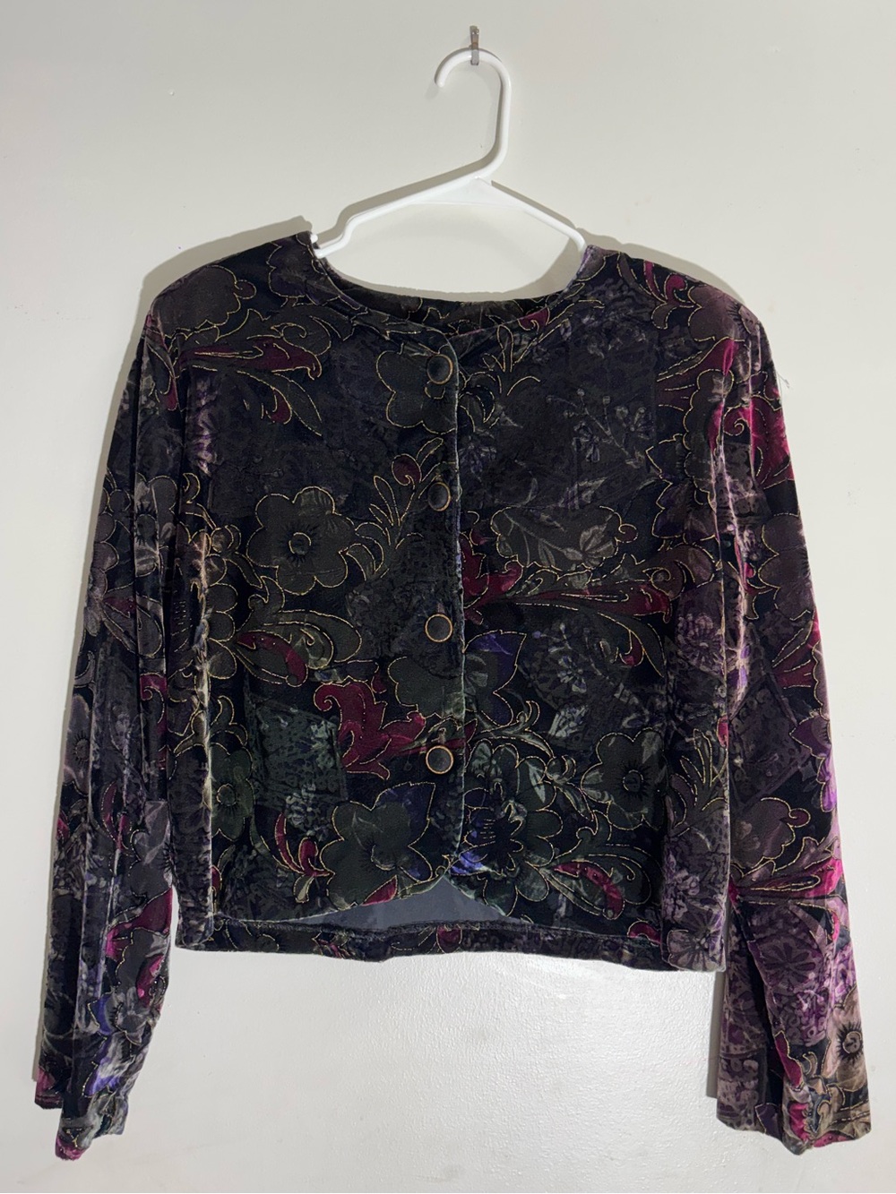 Velvet Floral Button-Front Long-Sleeve Top